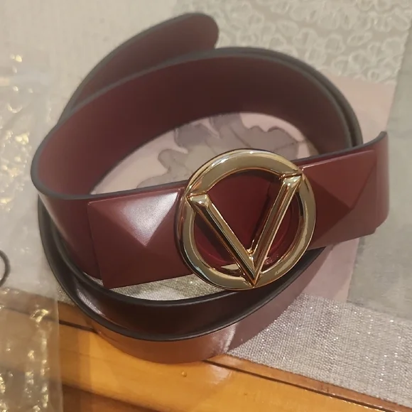 Valentino Burgundy Leather Belt with Gold V Buckle Valentino Leather Belt - Burgundy Belts, Accessories  main image 3